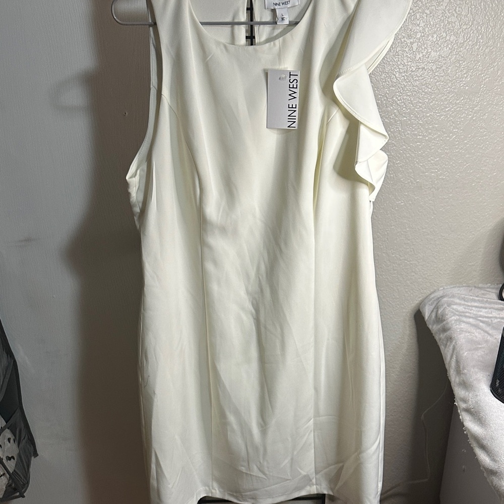 Nine West Cream Ruffle-Shoulder Mini Dress